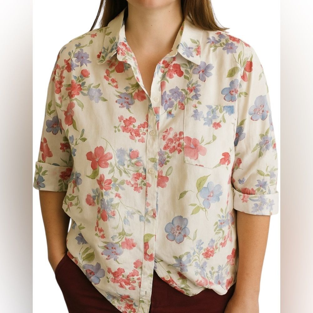 Crazy Horse Button Down Floral Shirt Women's Size X-Large 3/4 Sleeve. Pastel